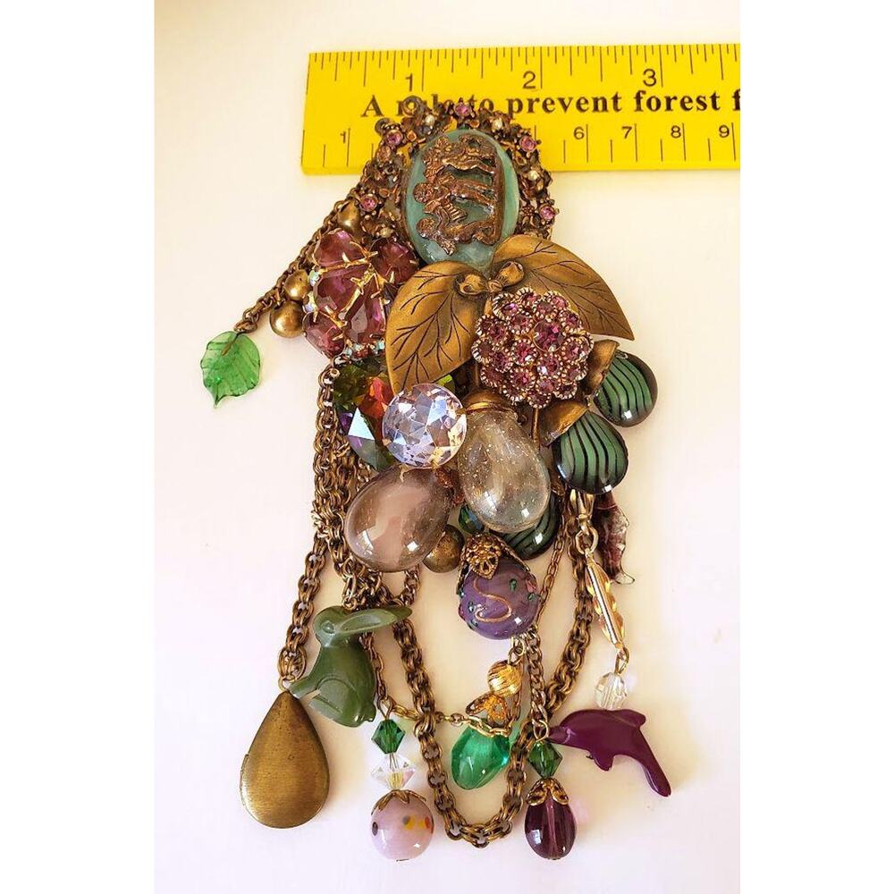 Vintage 90s Lorelei Assemblage Brooch - Purple Rhinestones, Beads, Dangles, 6"